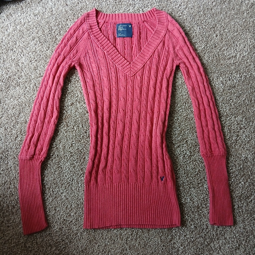 Y2K American Eagle Pink Cable Knit V Neck Sweater